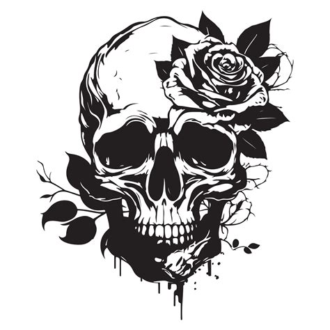 Skull With Rose Flower Black Outline Vector. Human skull with rose ...