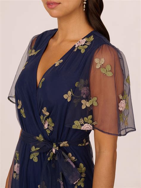 Adrianna Papell Embroidered Flutter Maxi Dress, Navy/Multi