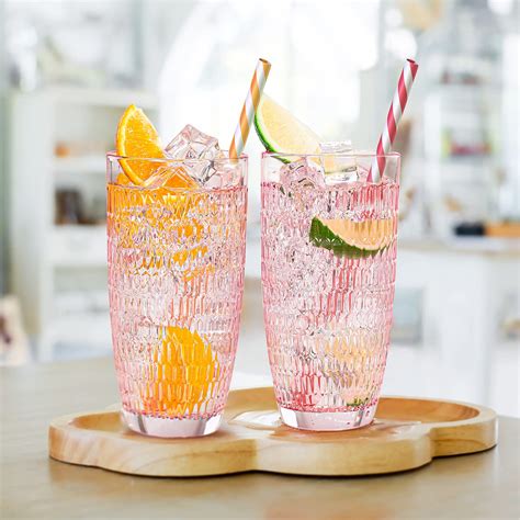 CREATIVELAND Highball Beverage Glasses Set of 6 Romantic PINK Colored Thick & Heavy Base Big ...