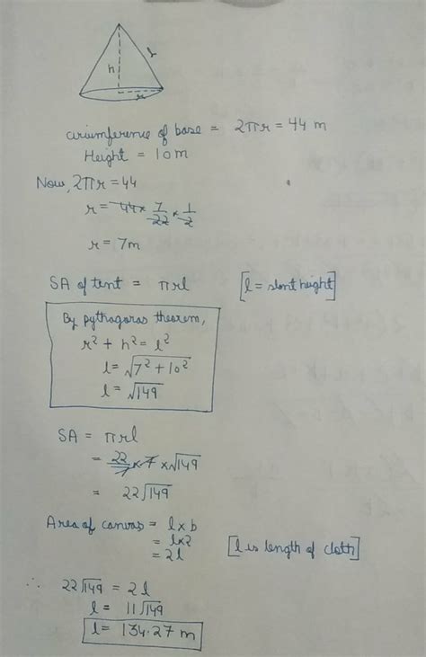the circumference of the base of 10m high conical tent is 44mts ...