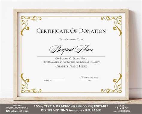 Editable Certificate of Donation Template Printable Charity - Etsy India