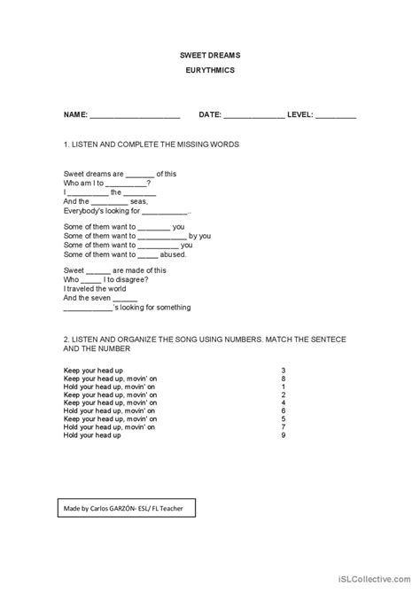 SWEET DREAMS song and nursery rhyme…: Français FLE fiches pedagogiques ...