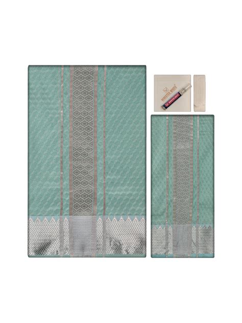 Art Silk Sea Green Shirt Bit & 2.5" Jari Dhoti Towel Combo ...