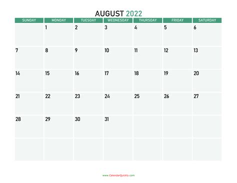 August 2022 Printable Calendar | Calendar Quickly