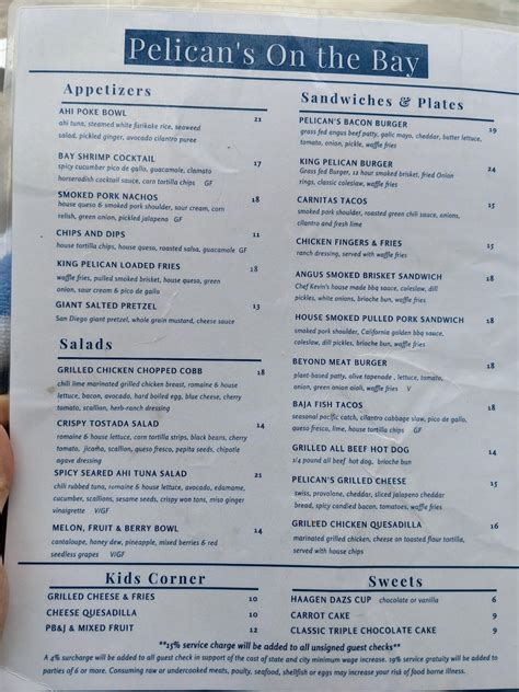 Menu at Pelican's on the Bay pub & bar, San Diego