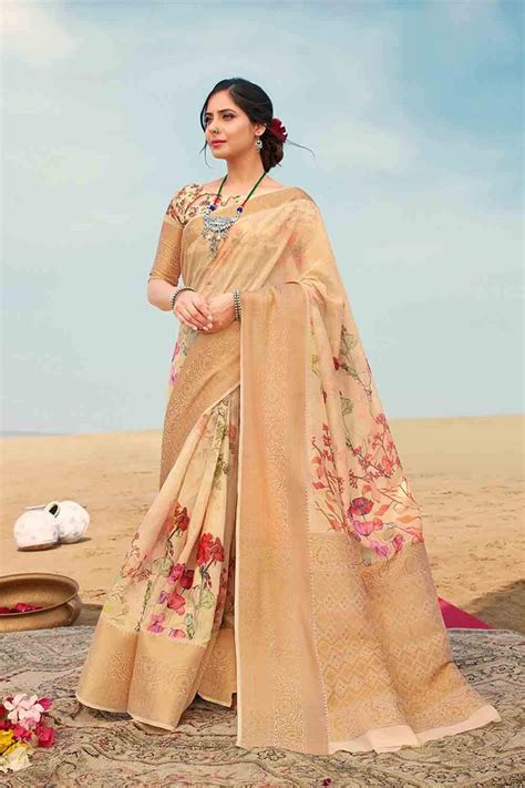 Buy Vanilla Yellow Digital Printed Linen Saree 27472 Online | Karagiri