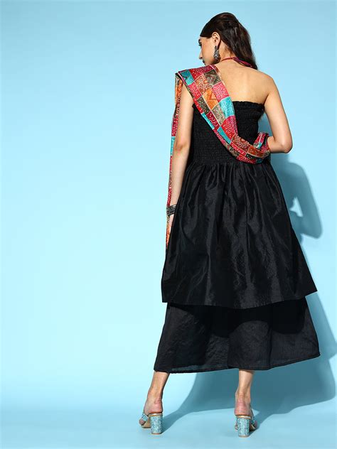 Black Off Shoulder Silk Kurta Set -Multi Bandhej Dupatta