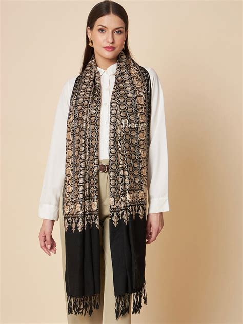Pashtush Womens Fine Wool Stole, Golden Nalki Threadwork Design, Black ...