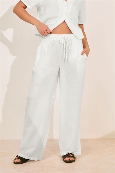PixieGirl Petite Women's White Linen Drawstring Wide Leg Trousers ...
