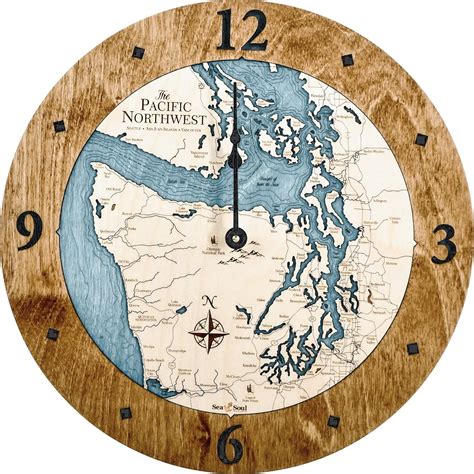 Buy Sea & Soul Pacific Northwest Large Wall Clock, Puget Sound 3D Wood Chart Nautical Clock ...