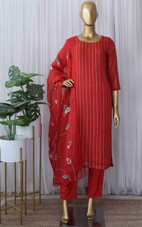 Red Mukaish Georgette Kurta Set with Hand Painted Organza Dupatta