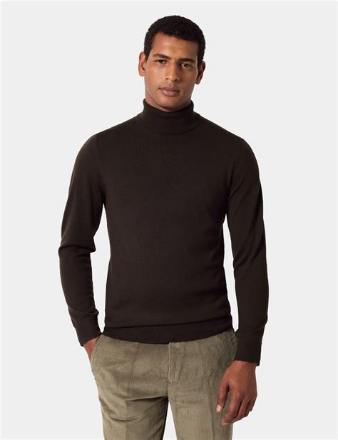 Men's Dark Olive Roll Neck Sweater - Machine Washable | Hawes & Curtis