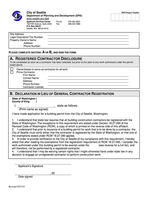 2010 Form WA Registered Contractor Disclosure - City of Seattle - Blank ...