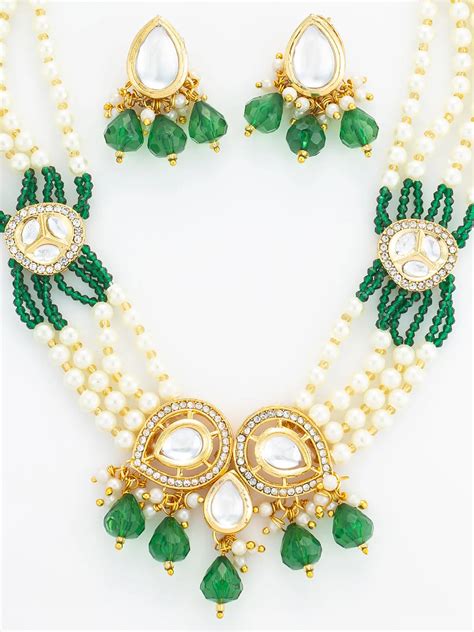 Aadita Gold Plated Green Kundan & Pearl Layered Necklace Set | Aadita