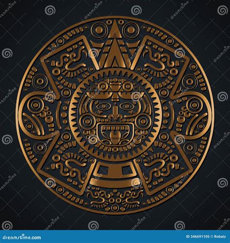 Sacred Aztec Wheel Calendar Mayan Sun God, Golden Maya Symbols Ethnic ...