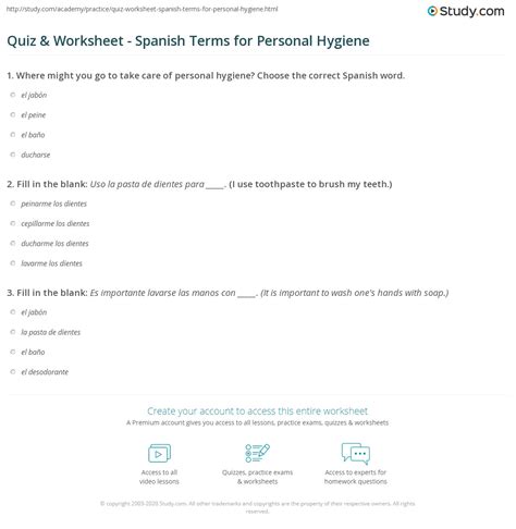 Quiz & Worksheet - Spanish Terms for Personal Hygiene | Study.com