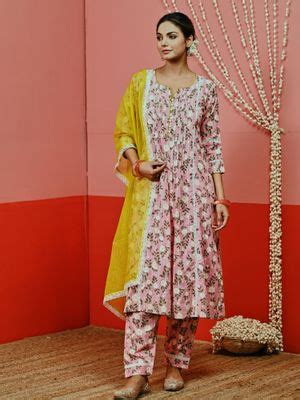 Buy Myaara Pink Printed Cotton Kurta And Pant With Lace-details And ...