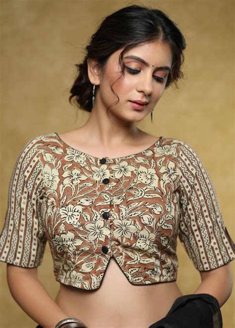 Elegant brown block print combination blouse with brown detailing – Sujatra