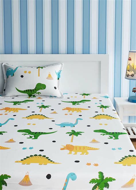 Get Kids Dinosaurs And Volcano Print White And Green Single Bedsheet ...