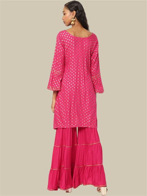 GBWI2466 Magenta Pink Foil Printed Kurta Sharara Set With Solid Dupatta ...