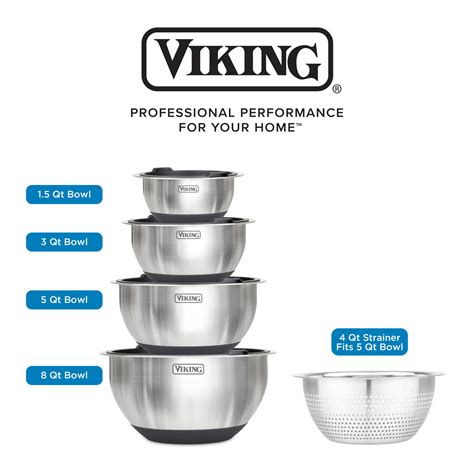 Viking 9-Piece Stainless Steel Mixing Bowl Set with Strainer, Black