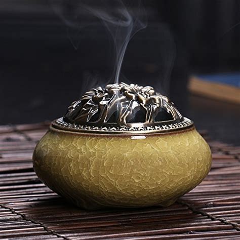Ceramic Incense Burner Copper Cover Ice crack Amber Yellow : Amazon.in ...