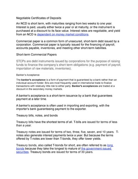 Topic 3 - Negotiable Certificates of Deposits An NCD is short term ...