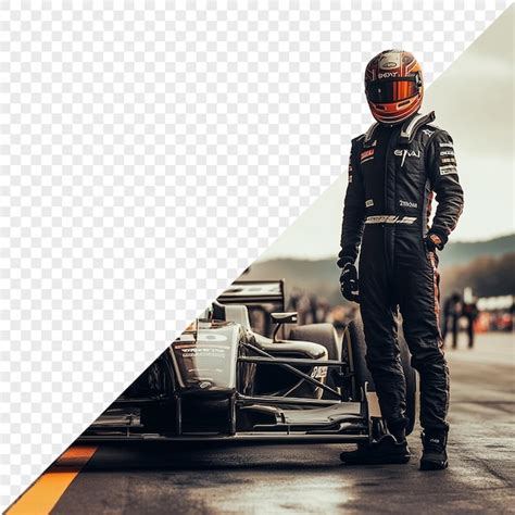 A man in a race suit stands in front of a row of cars | Premium AI ...
