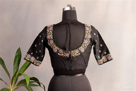 Black hand embroidered raw silk blouse with neck pattern