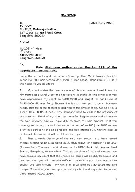 1 Legal Notice - Use it for reference only. - (By RPAD) To, Date: 20 ...