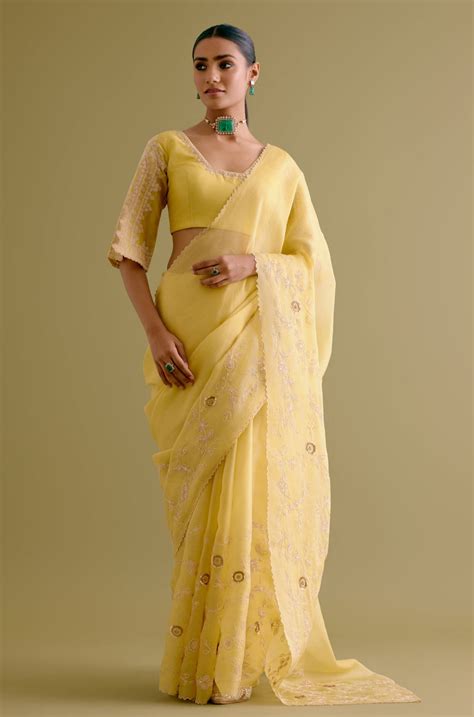 Devnaagri - Yellow Embroidered Organza Saree