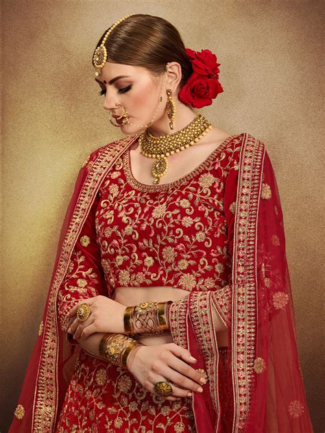 Odette Women Red Elegant Semi Stitched Lehenga With Unstitched Blouse