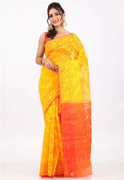 Yellow Dhakai Jamdani Cotton Saree without Blouse Piece