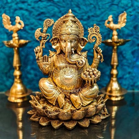Buy Brass Ganapati Idol Seated on Lotus | 12" Height - Budhshiv.com