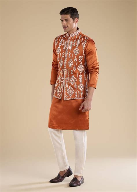 Buy Rust Embroidered Silk Kurta Jacket Set | KALKI Fashion India