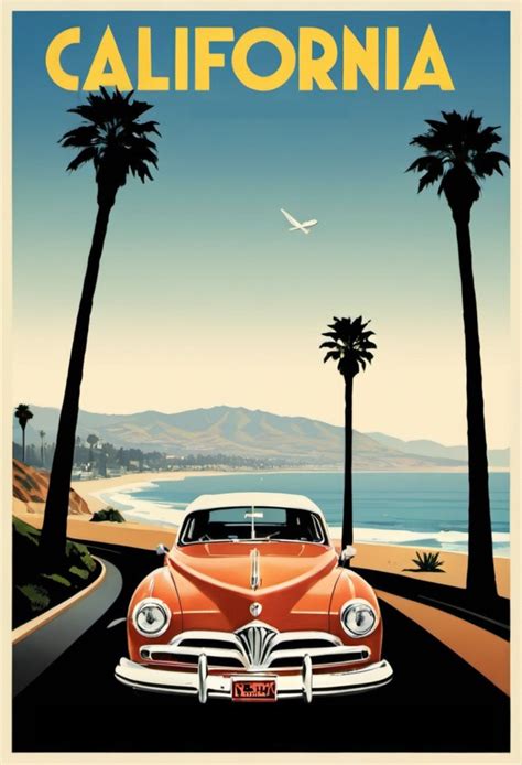 Vintage California Travel Poster: Classic Car Coastal Art (digital ...