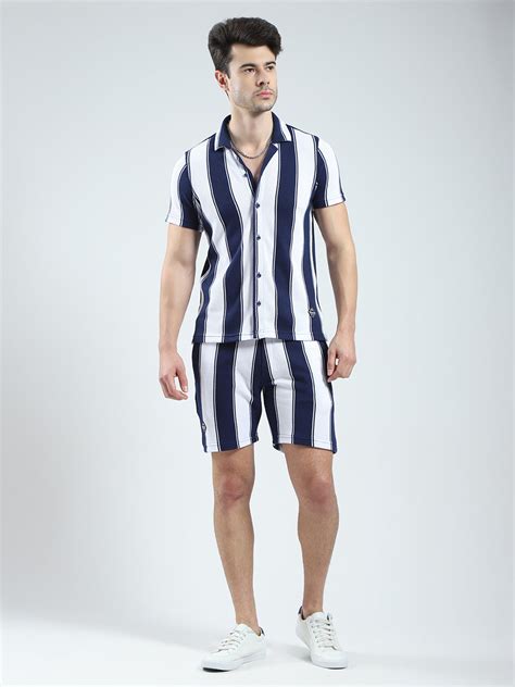 Buy Men Navy Blue Self Design Collar Half Sleeve Bermuda Set Online in ...