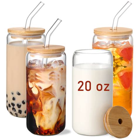 20 OZ Glass Cups with Bamboo Lids and Glass Straw - 4pcs Set Beer Can ...