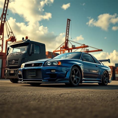 Unleash Fury: R34 Skyline GT-R & Monster Truck Showdown