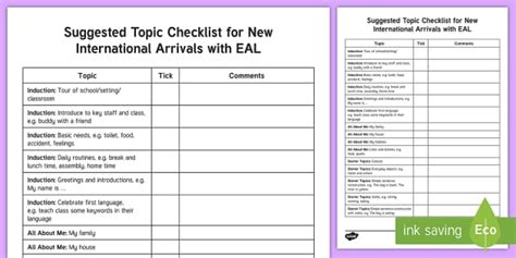 Suggested Topics for New International Arrivals with EAL Checklist