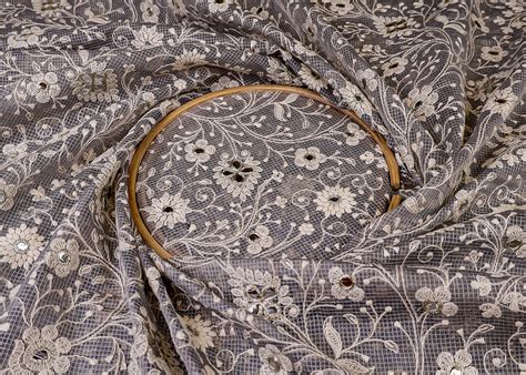 Grey Floral Cotton Thread Work Sequins Embroiderd Kota Doria Fabric