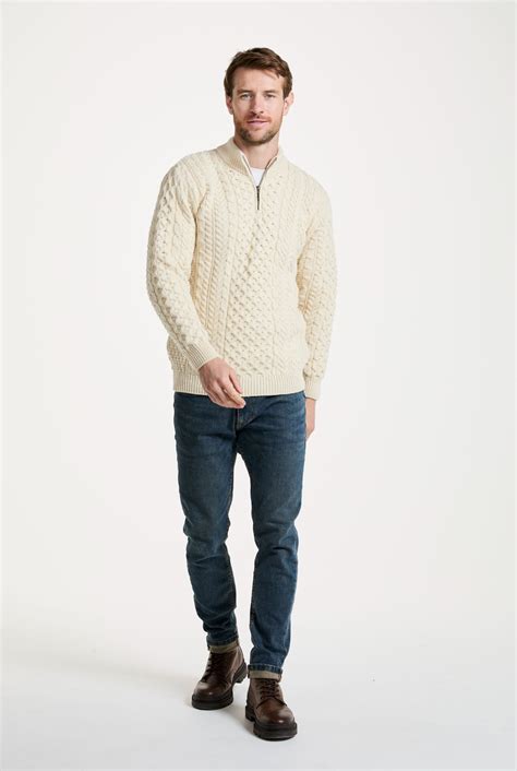 Ballycroy Mens Aran Half Zip Sweater - Cream