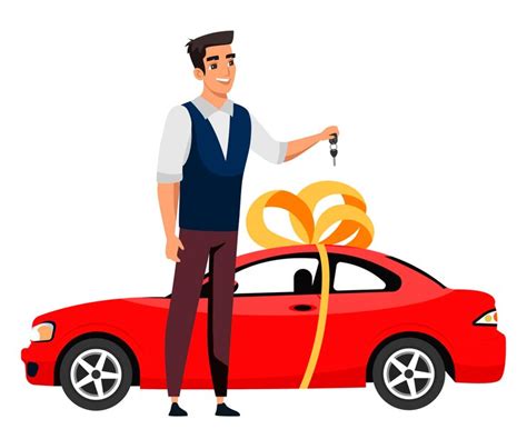 Smiling man holds car key near red expensive car tied with ribbon and ...