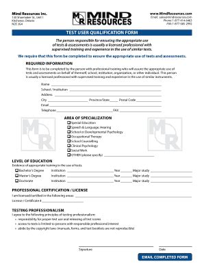 Fillable Online TEST USER QUALIFICATION FORM - Mind Resources Fax Email ...