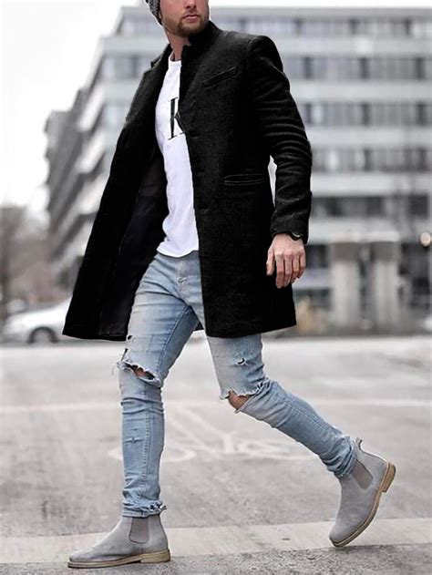 Men Dual Pocket Lapel Collar Overcoat | Trench coat men, Mens winter ...