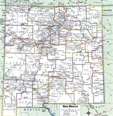 Map of New Mexico counties with county seats and road highways