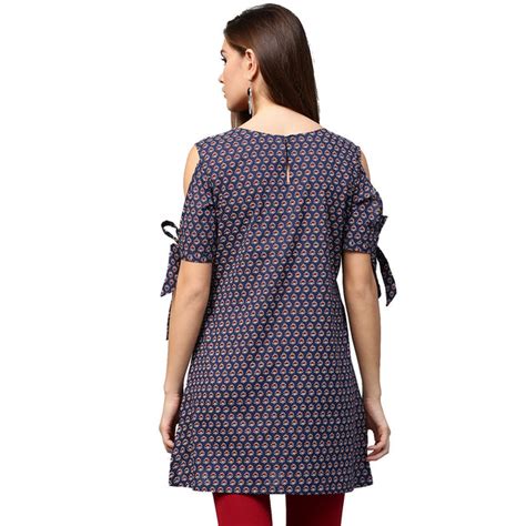 Blue printed half sleeve with cold shoulder cotton tunic – Nayo Clothing