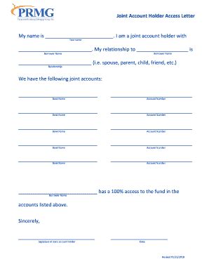 2019 Form PRMG Joint Account Holder Access Letter - Blank Fillable ...