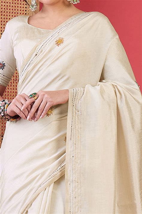 Cream Thread Work Embroidered Tussar Silk Saree with Rich Texture