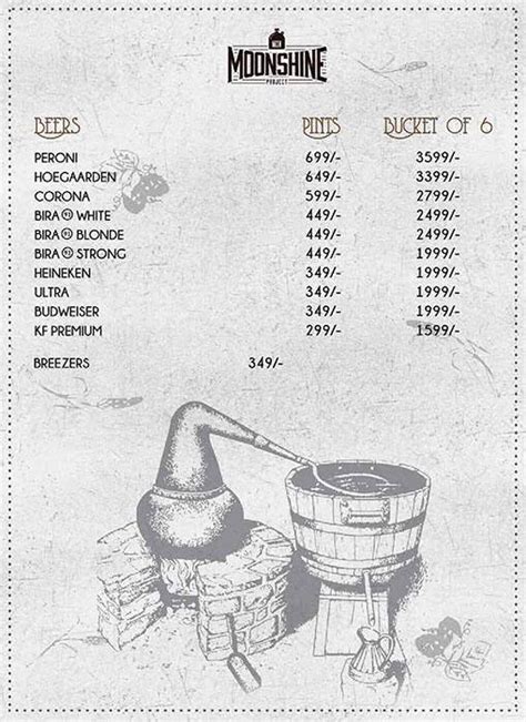 Menu at The Moonshine Project, Hyderabad